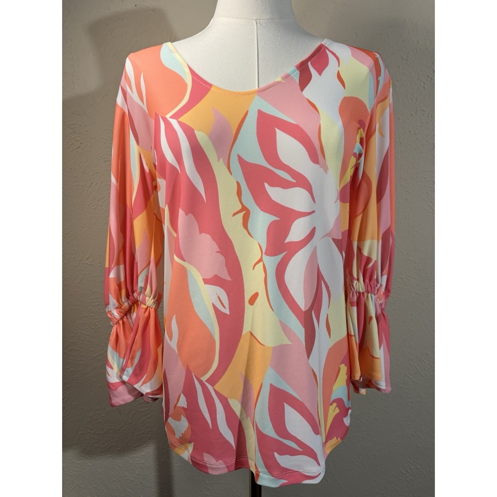NWT Julian Chang Women Sz S Neon Sherbet Cinch Sleeve Abstract Print Blouse Top - Picture 5 of 10
